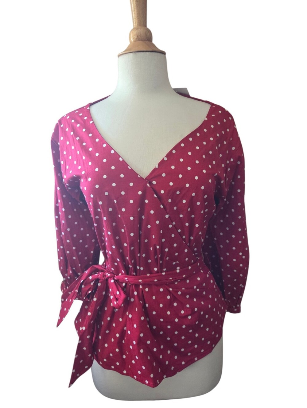 Love Fire Red & White Polka Dot Belted Faux Wrap Blouse